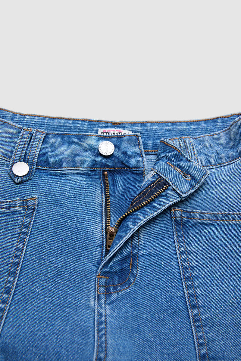 Wash Drawstring Hem Mid Rise Cropped Wide Leg Jeans