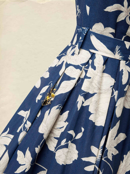 Robe midi en lin, Manches courtes, Col en V, Fleurie, Boutons décoratifs, Vintage, Bleu foncé