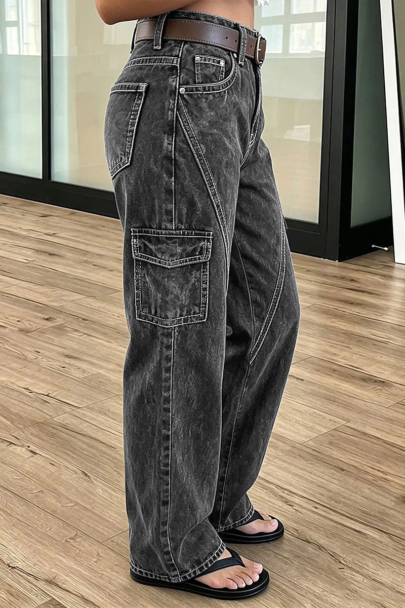 Wash Flap Pocket Seam Detail High Waist Straight Leg Pants Without Belt