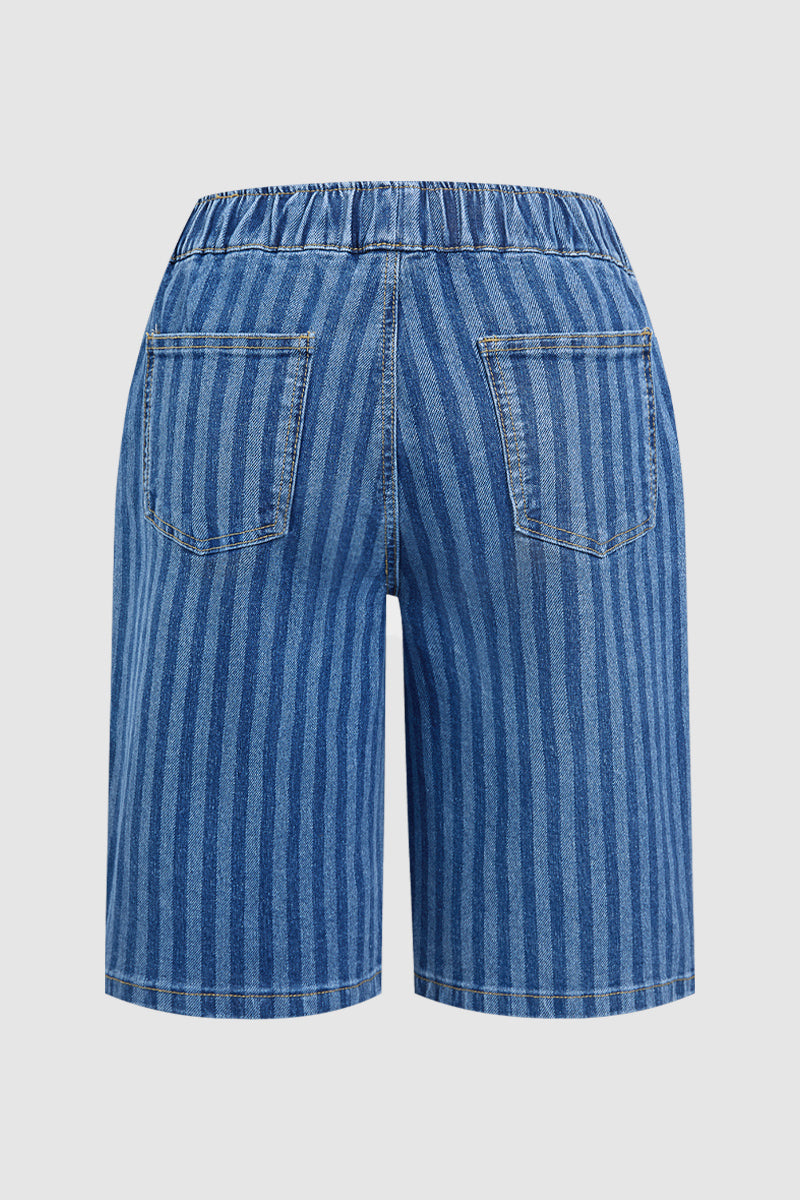 Striped Drawstring Elastic High Rise Denim Bermuda Shorts