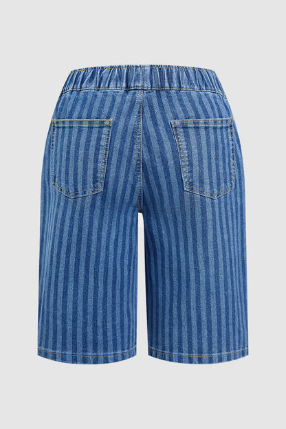 Striped Drawstring Elastic High Rise Denim Bermuda Shorts