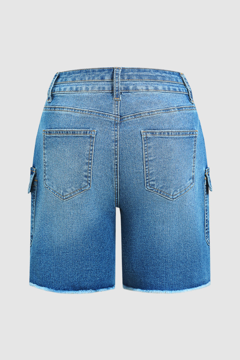 Wash Raw Hem Dual Button Mid Waist Denim Mid Thigh Shorts