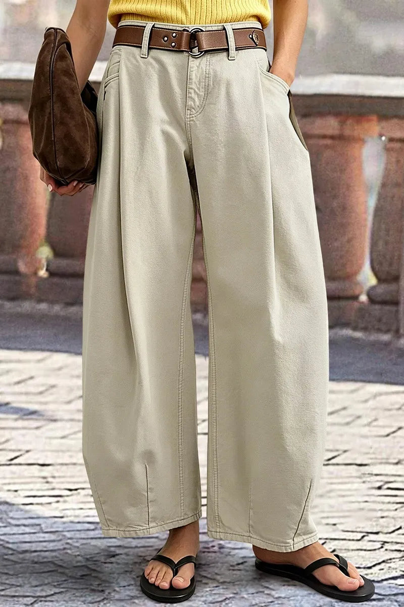 Solid Pleated Mid Rise Barrel Leg Pants Without Belt