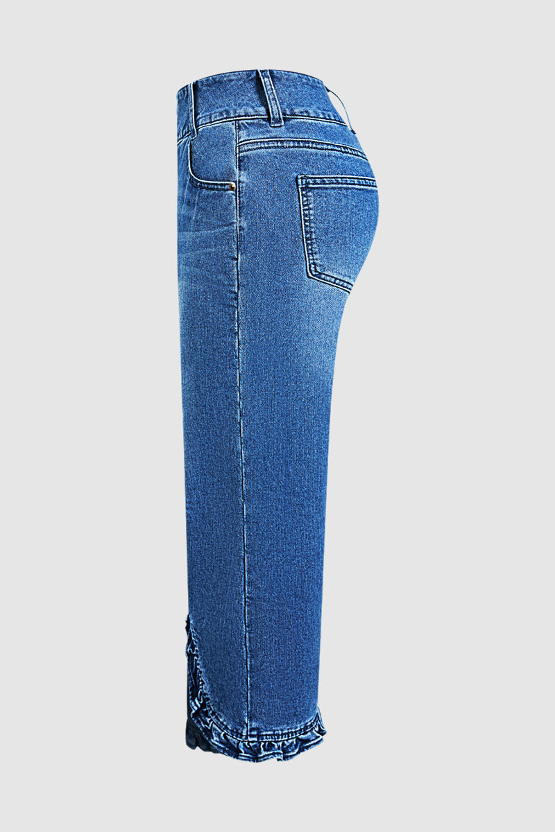 Wash Ruffle Hem Asymmetrical Mid Waist Wide Leg Cropped Jeans