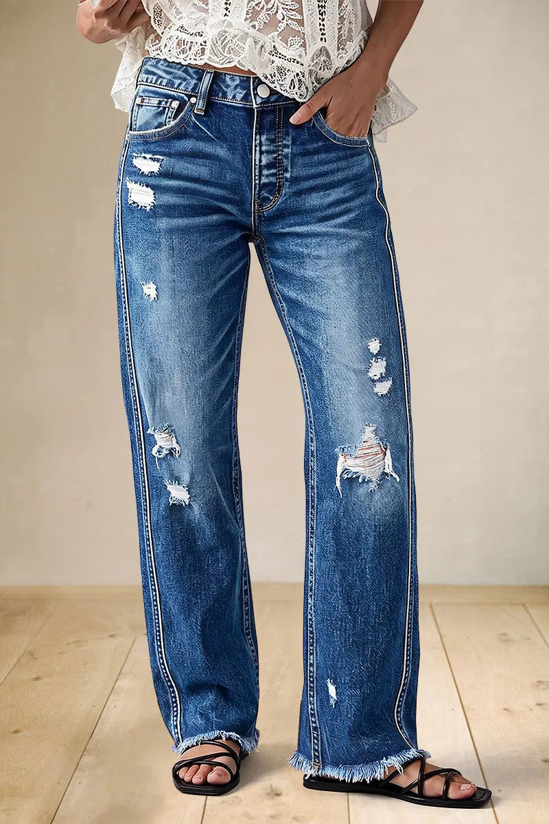 Wash Raw Hem Ripped Mid Waist Straight Leg Jeans