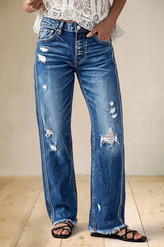 Wash Raw Hem Ripped Mid Waist Straight Leg Jeans