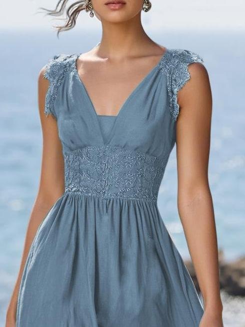 (TAILLE:XS-XXL)Robe longue en lin, sans manches, col en V, unie, vintage, bleue