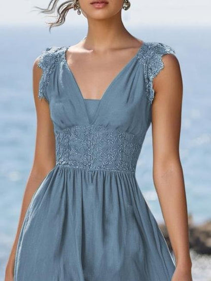 (TAILLE:XS-XXL)Robe longue en lin, sans manches, col en V, unie, vintage, bleue