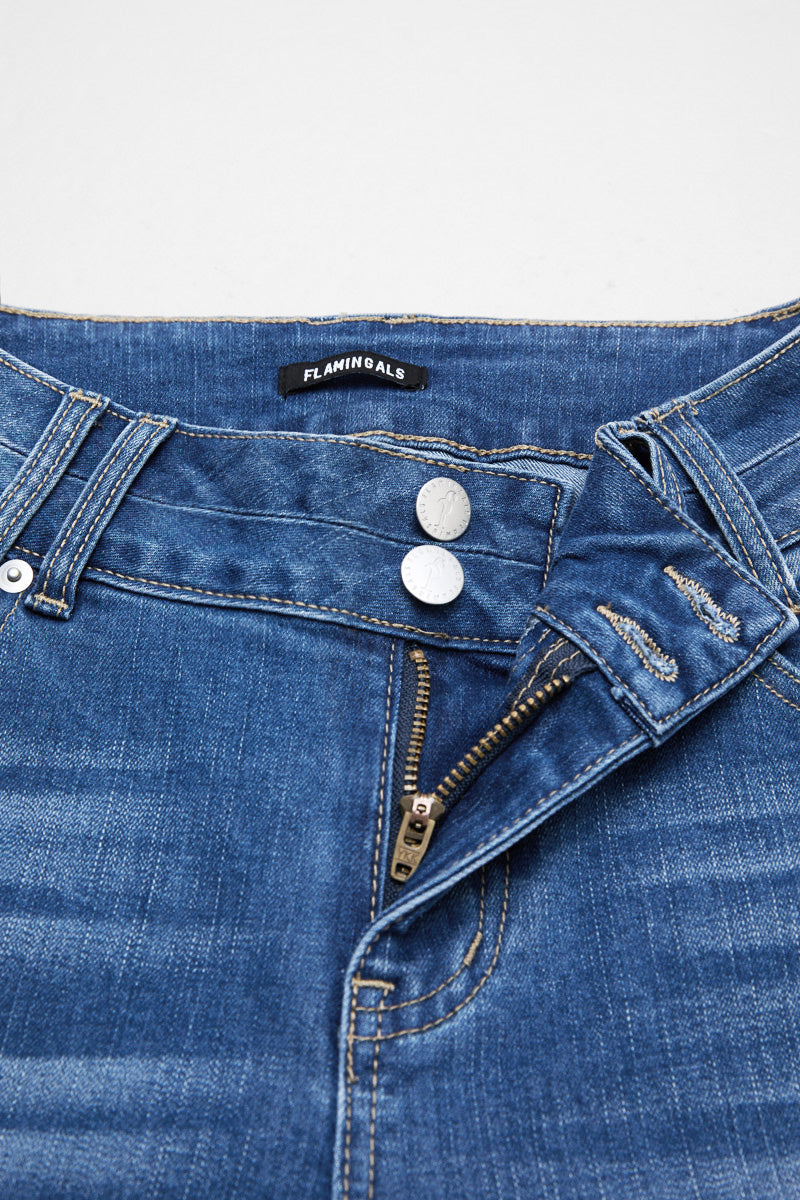 Roll Hem Dual Button High Waist Straight Leg Capri Jeans