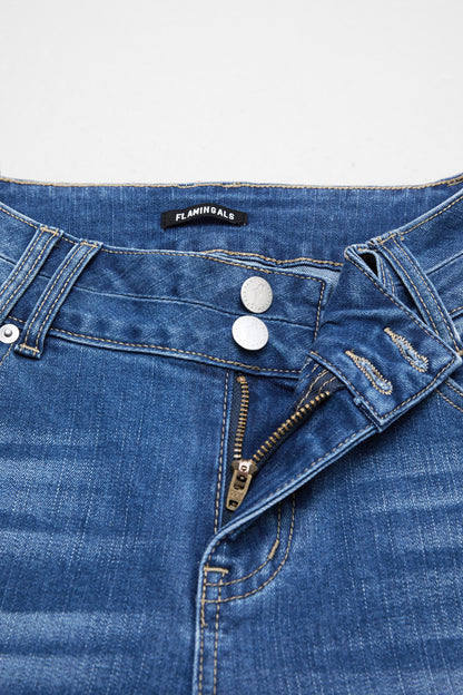 Roll Hem Dual Button High Waist Straight Leg Capri Jeans