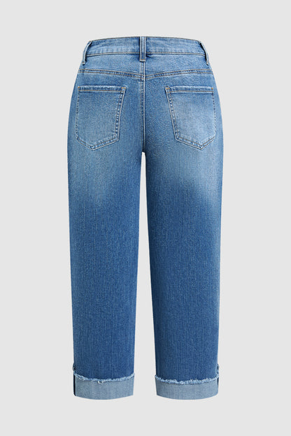 Wash Button Tab Roll Hem Mid Waist Straight Leg Crop Jeans