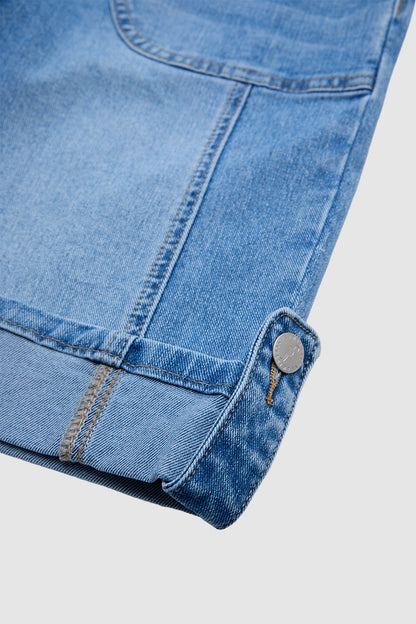 Ripped Seam Front Roll Hem Mid Rise Denim Bermuda Shorts Without Belt