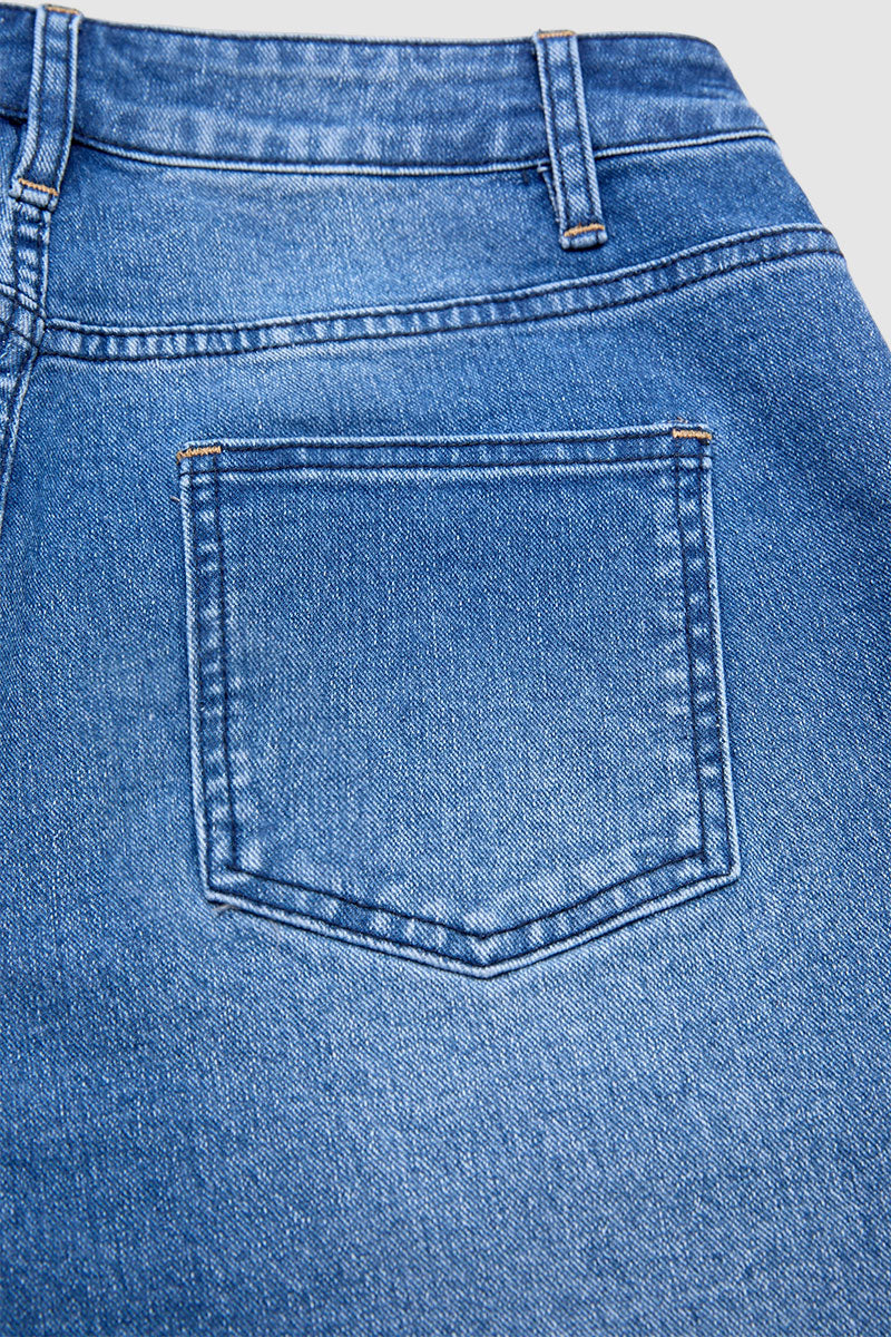 Wash Roll Hem Patch Pocket High Rise Denim Bermuda Shorts