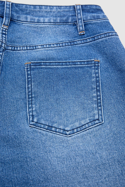 Wash Roll Hem Patch Pocket High Rise Denim Bermuda Shorts