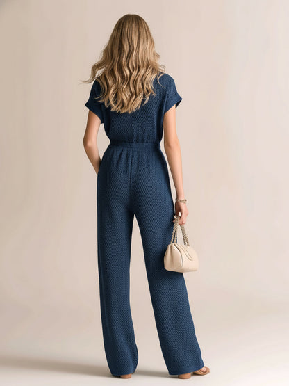 Chic Vintage Navy Blue Zipper-Up Lapel Collar Short-Sleeve Loose-Fit Waffle Knit Jumpsuit