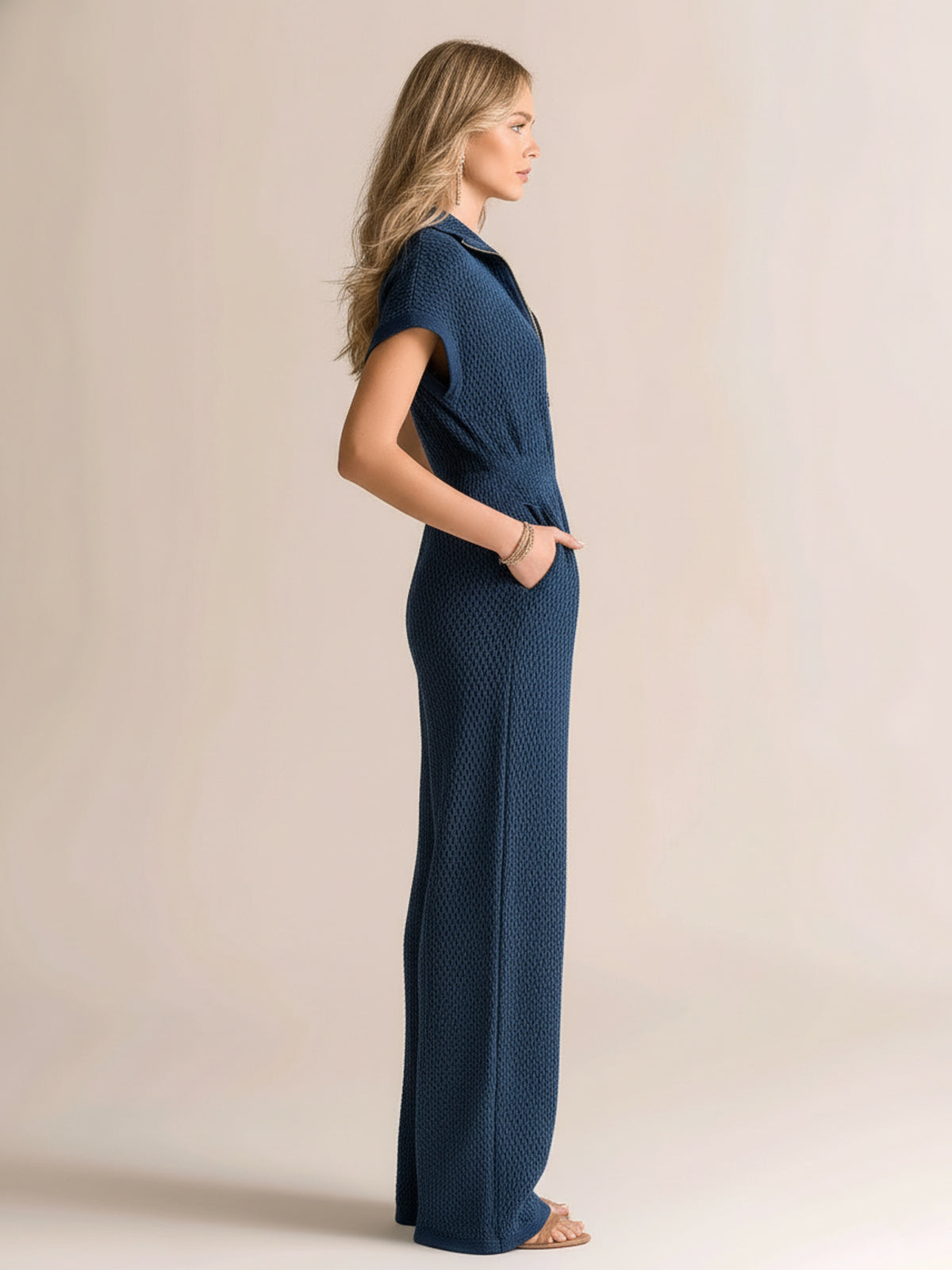 Chic Vintage Navy Blue Zipper-Up Lapel Collar Short-Sleeve Loose-Fit Waffle Knit Jumpsuit