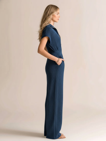 Chic Vintage Navy Blue Zipper-Up Lapel Collar Short-Sleeve Loose-Fit Waffle Knit Jumpsuit