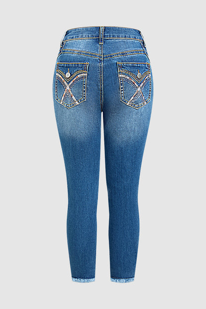 Wash Embroidery Back Raw Hem Mid Waist Cropped Skinny Jeans