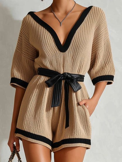 Chic Elegant Camel V-Neck Short-Sleeve Black Trim Detail Belted Waist Ribbed Knit Romper