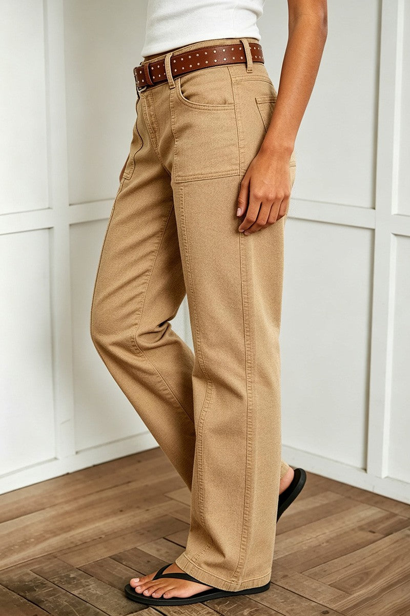 Solid Stitch Detail Mid Waist Bootcut Pants Without Belt