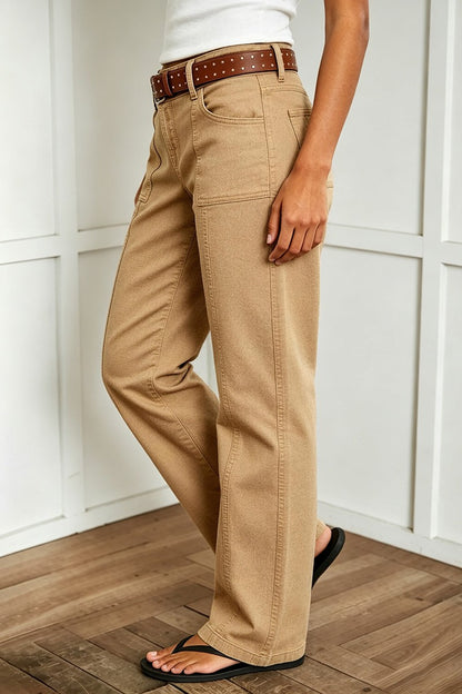 Solid Stitch Detail Mid Waist Bootcut Pants Without Belt