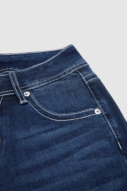 Ripped Roll Hem Dual Button Mid Rise Capri Skinny Jeans
