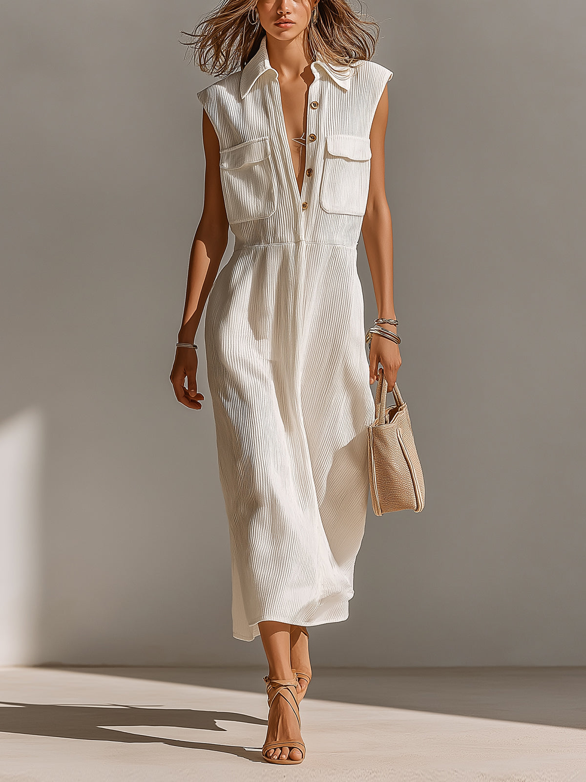 Chic Elegant Cream White Lapel Collar Button-Front Chest Pockets Sleeveless Loose-Fit Ribbed Knit Maxi Dress