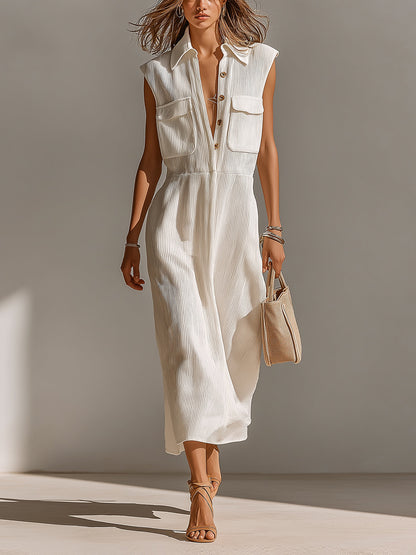 Chic Elegant Cream White Lapel Collar Button-Front Chest Pockets Sleeveless Loose-Fit Ribbed Knit Maxi Dress