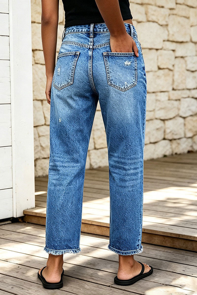 Wash Ripped Raw Hem Mid Rise Straight Leg Crop Jeans
