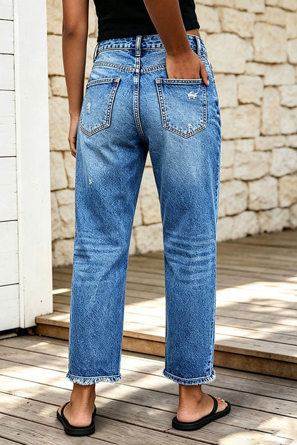 Wash Ripped Raw Hem Mid Rise Straight Leg Crop Jeans