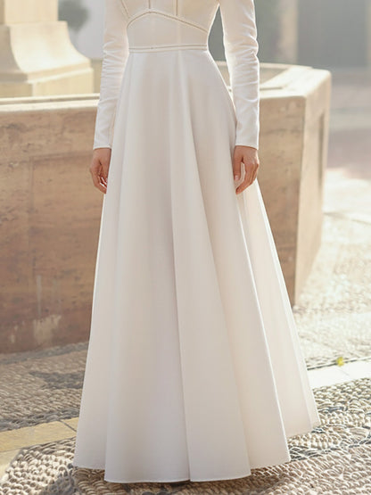 Robe longue en lin, manches longues, col rond, unie, style vintage français, blanche