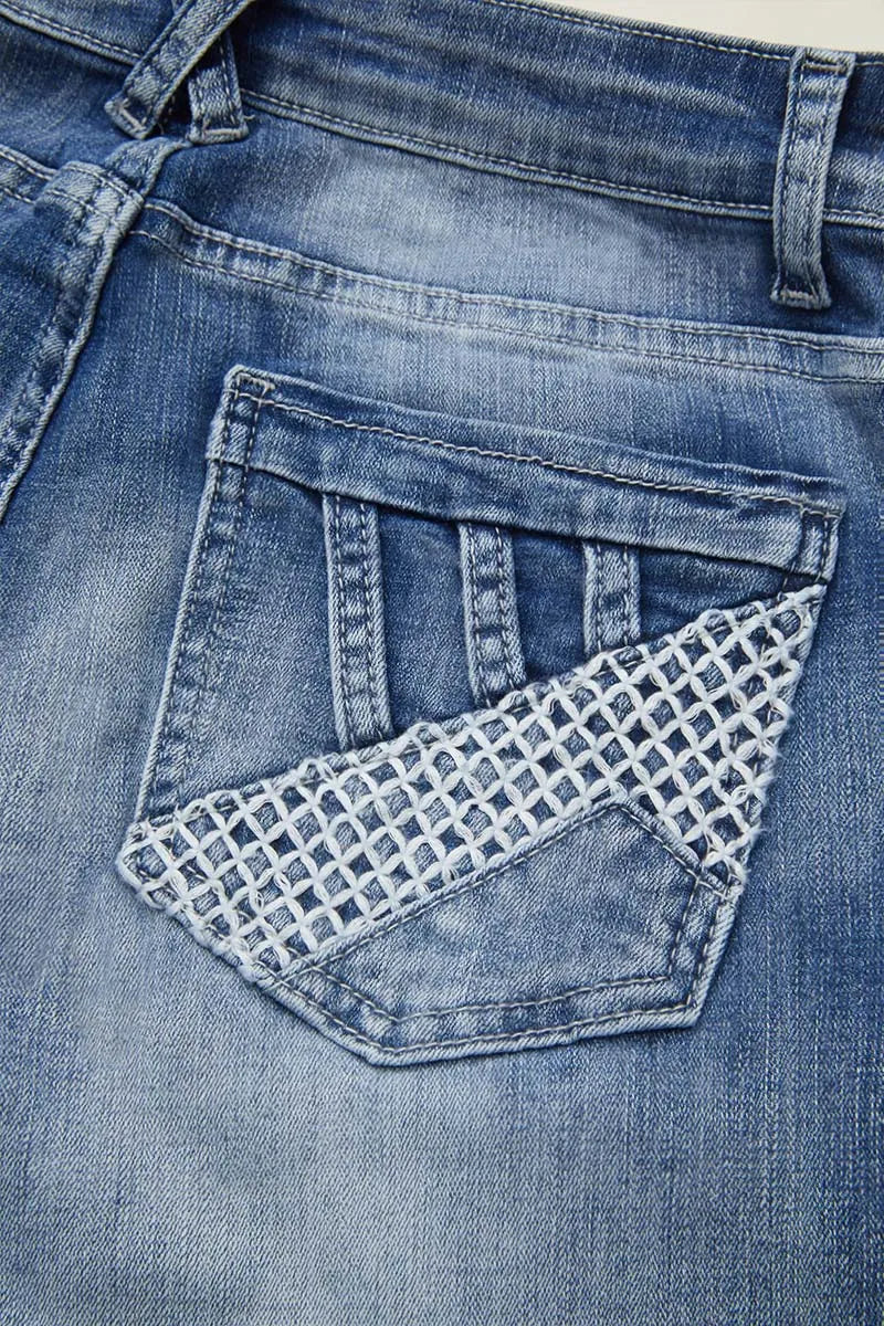 Embroidered Pocket Buttoned Hem Mid Waist Bootcut Jeans Without Belt