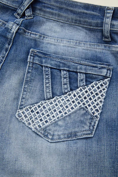Embroidered Pocket Buttoned Hem Mid Waist Bootcut Jeans Without Belt