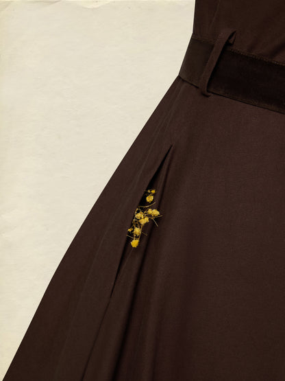 Robe midi en coton, manches longues, col châle, unie, avec ceinture, vintage, couleur café