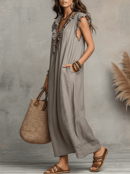 Robe longue bohème sans manches à volants et col en V fluide