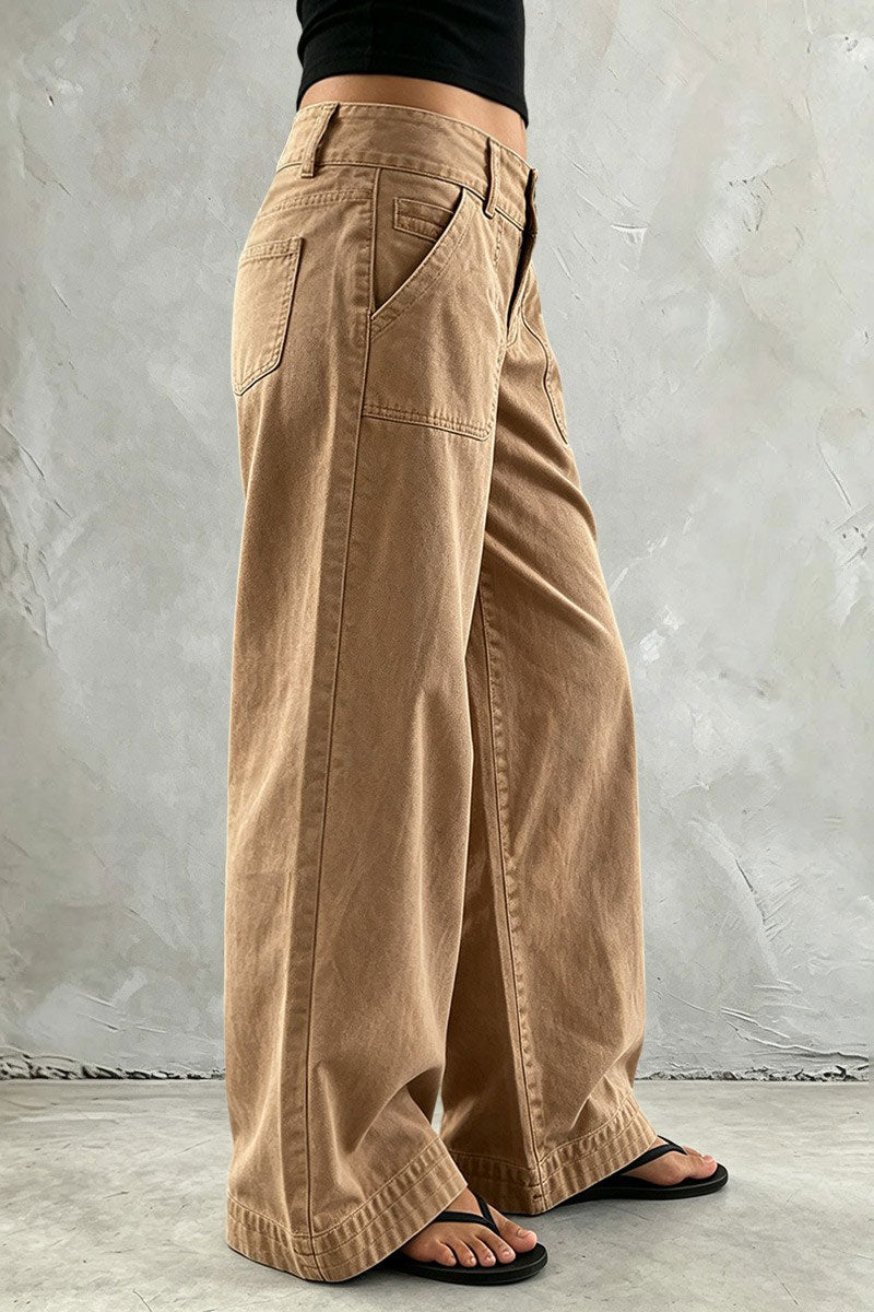 Solid Patched Pocket Mid Waist Wide Leg Pants