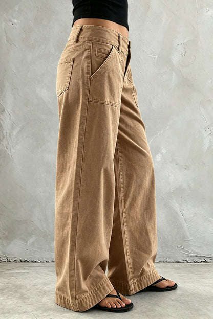 Solid Patched Pocket Mid Waist Wide Leg Pants