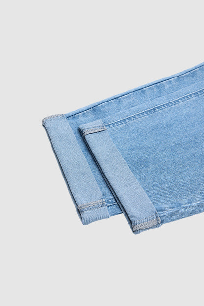 Roll Hem Mid Waist Straight Leg Crop Jeans Without Belt