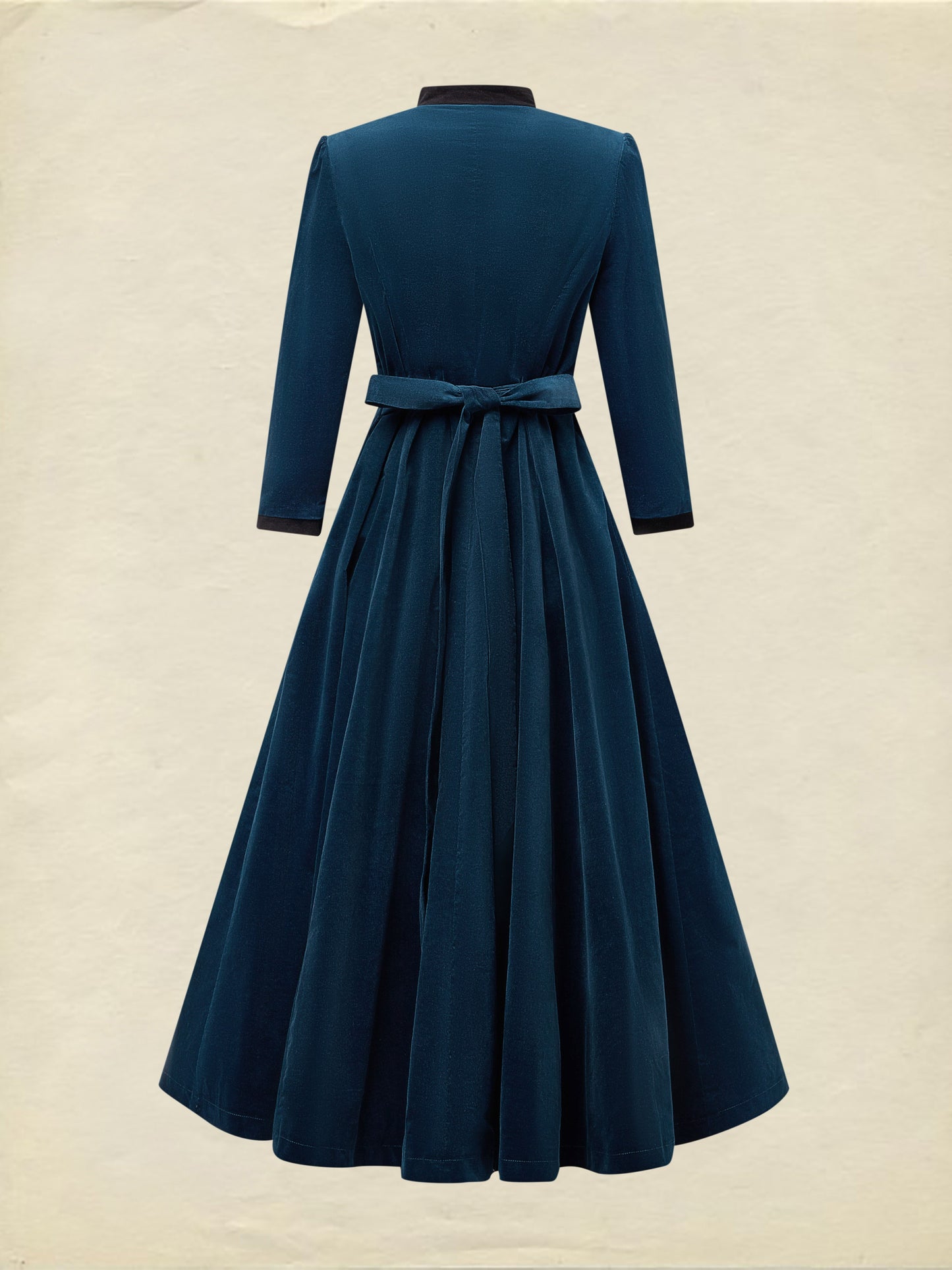 Robe midi en coton, manches mi-longues, col montant, unie, boutonnée, vintage, bleu profond