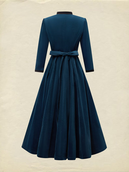 Robe midi en coton, manches mi-longues, col montant, unie, boutonnée, vintage, bleu profond