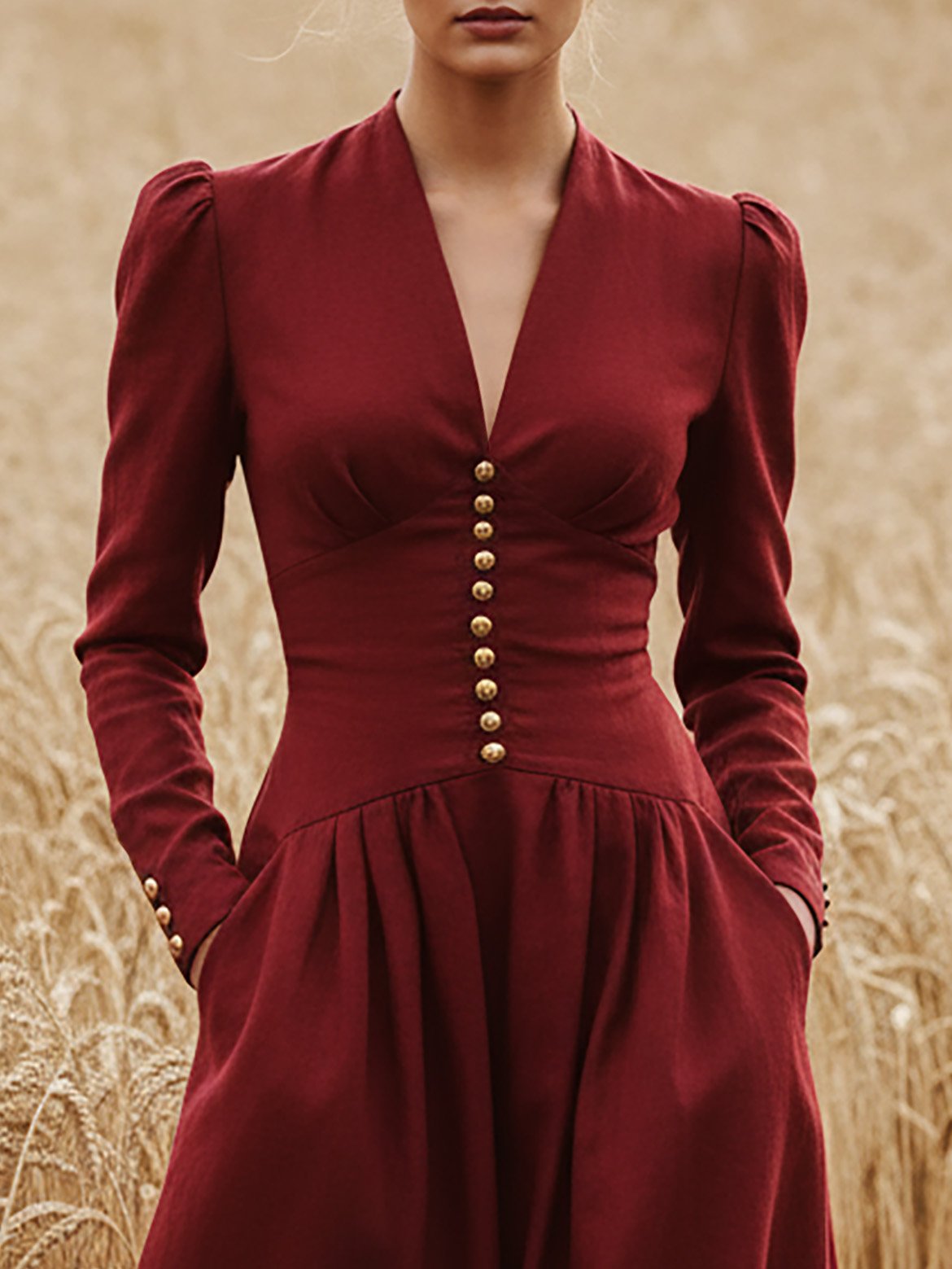 Robe longue en lin, manches longues, col en V, unie, boutonnée, style vintage, rouge foncé