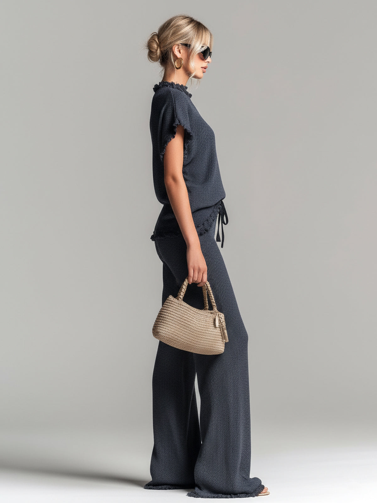Chic Elegant Dark Gray Round Neck Short-Sleeve Loose-Fit Sweater Wide-Leg Pants Lace Details Ribbed Knit Two-Piece Set