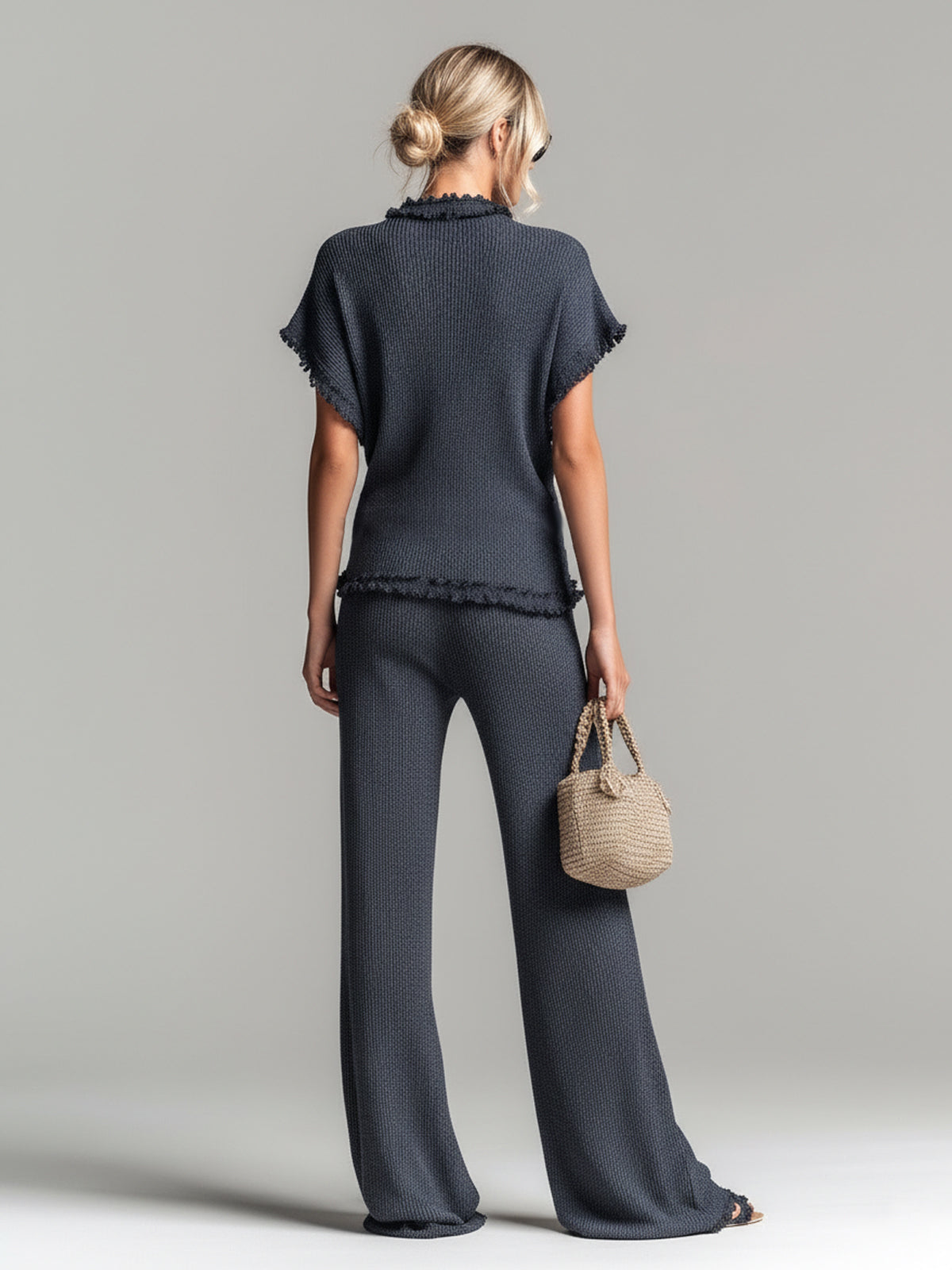 Chic Elegant Dark Gray Round Neck Short-Sleeve Loose-Fit Sweater Wide-Leg Pants Lace Details Ribbed Knit Two-Piece Set