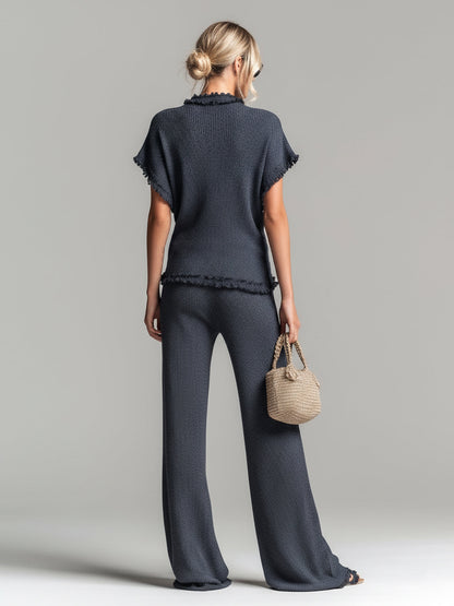 Chic Elegant Dark Gray Round Neck Short-Sleeve Loose-Fit Sweater Wide-Leg Pants Lace Details Ribbed Knit Two-Piece Set
