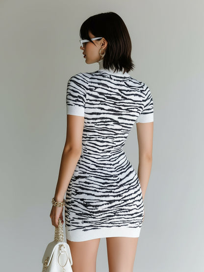 Chic Elegant Black-White Stripes Mock-Neck Lace Details Short-Sleeve Slim-Fit Knit Mini Dress