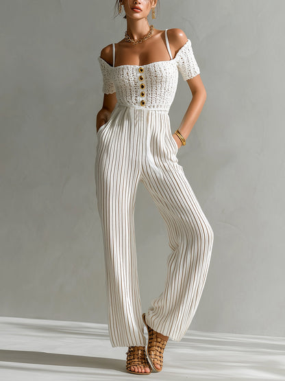 Chic Elegant White Off-The-Shoulder Square Neck Short-Sleeve Gold Button Detail Tailored Waist Wide Leg Crochet Ribbed Knit Jumpsuit