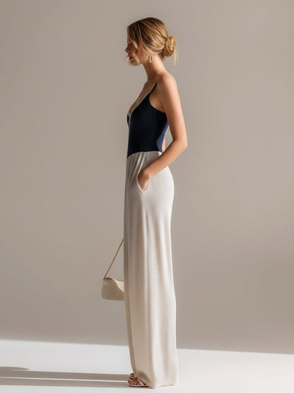 Chic Elegant Navy-Beige Colorblock Camisole V-Neck Zipper-Front Tailored-Waist  Wide Leg Knit Jumpsuit