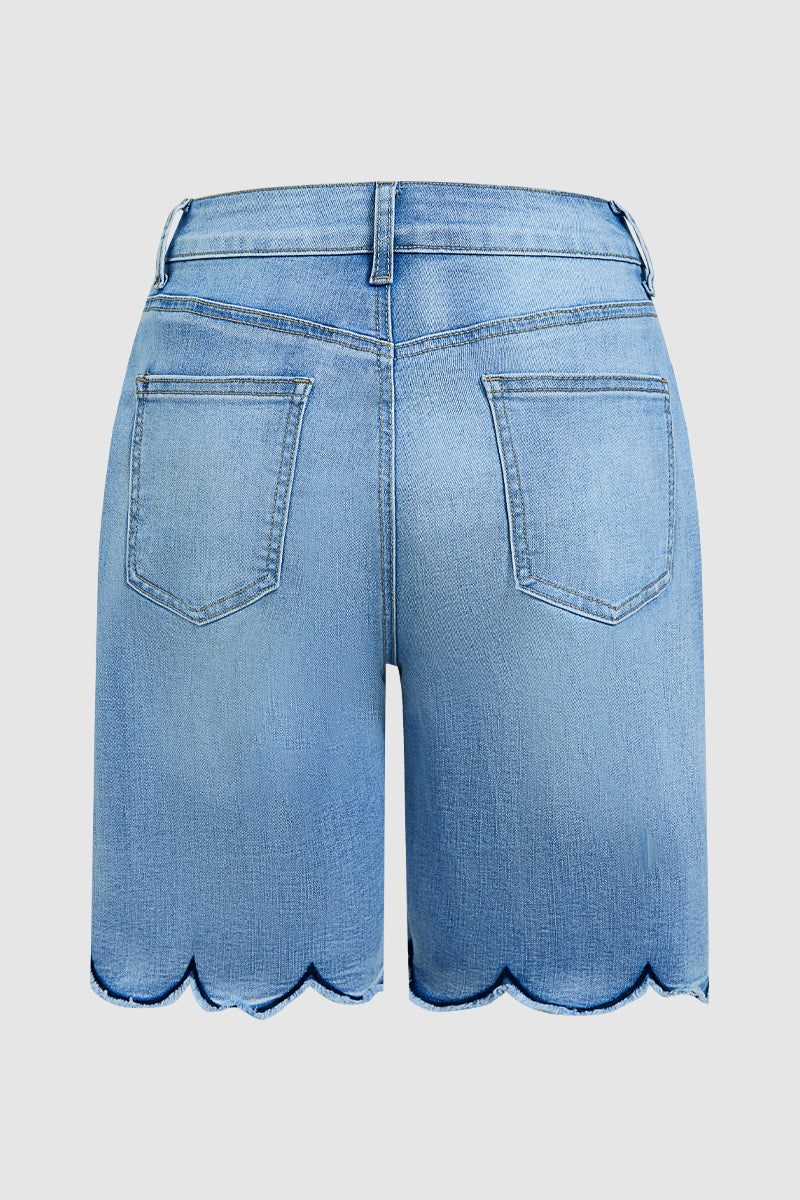 Floral Embroidery Scallop Trim Mid Rise Denim Bermuda Shorts