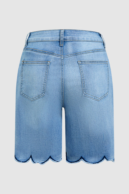 Floral Embroidery Scallop Trim Mid Rise Denim Bermuda Shorts