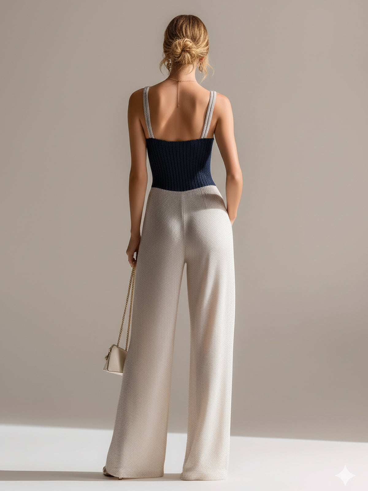 Chic Elegant Navy-Beige Colorblock Camisole V-Neck Zipper-Front Tailored-Waist  Wide Leg Knit Jumpsuit